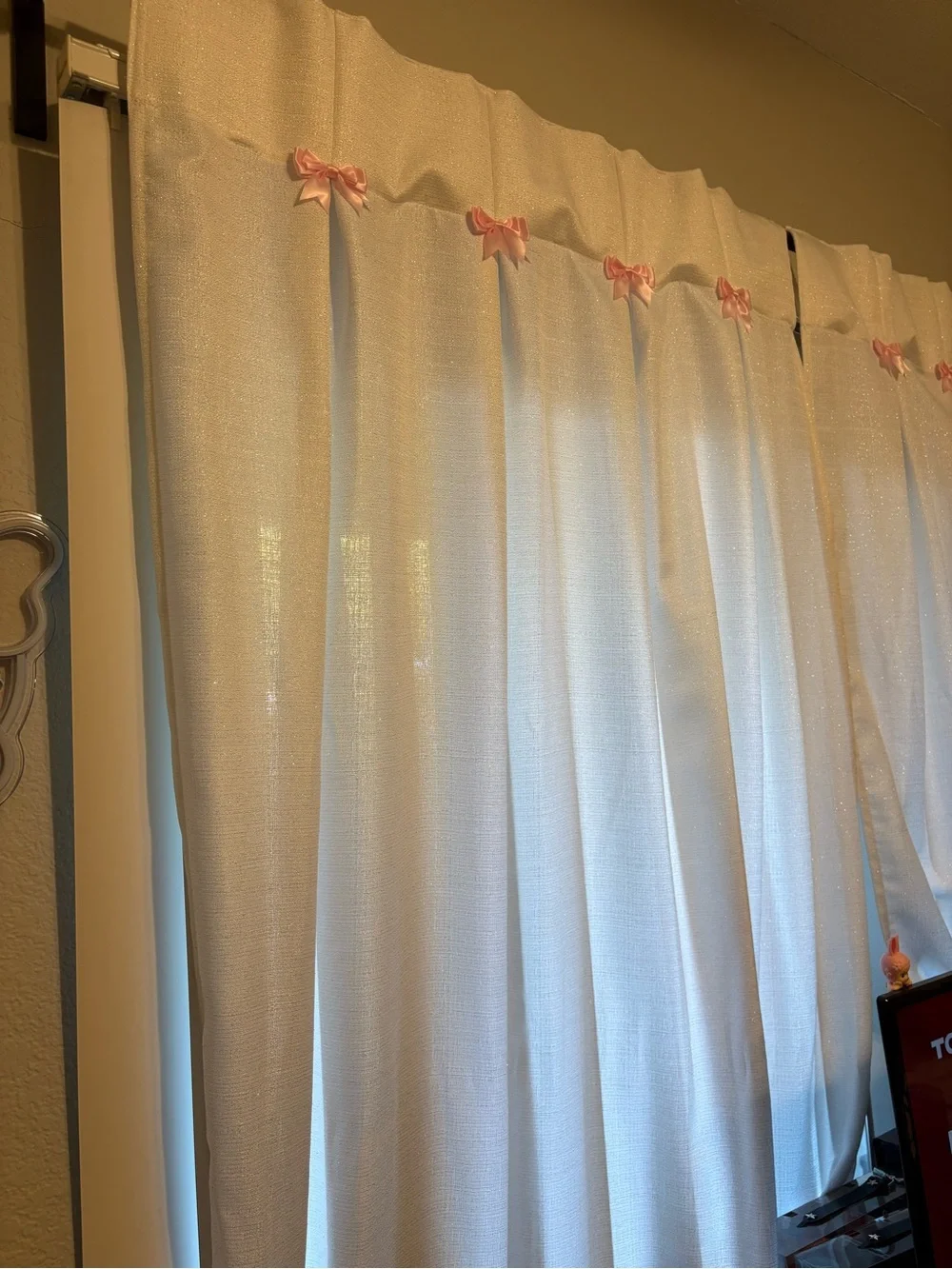 84in long White Curtain Panels with Pink bow Accents - Home Accents